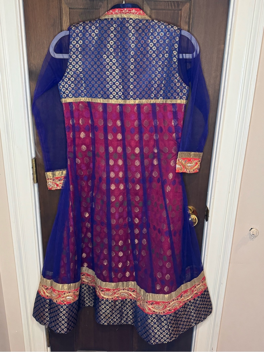 Handmade Royal Blue Red Anarkali Kurti Dress Sheer Sleeves Brocade Small 41" - Picture 3 of 9